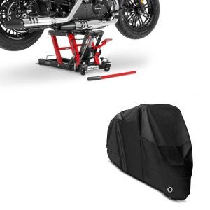 Set: Hebebühne Lift L für Harley und Chopper -680 kg rot + Abdeckplane XXXL Faltgarage schwarz_1