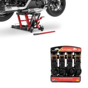 Set: Moto Pont elevateur ciseaux L compatible avec moto custom et Chopper 680kg en rouge + Moto Sangle Set avec cliquet et crotchet incl 4x boucles de chargement CB38765