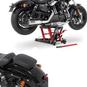Set: Moto Pont elevateur ciseaux L compatible avec moto custom et Chopper 680kg en rouge + Selle Pouf passager à Ventouses pour Motos Custom Glider noir CB38763