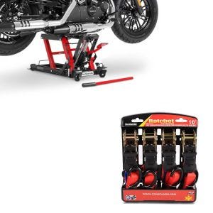 Set: Hebebühne Lift L für Harley und Chopper -680 kg rot + Spanngurt Set mit Ratsche und Haken inkl 4x Zurrschlaufe in rot_1