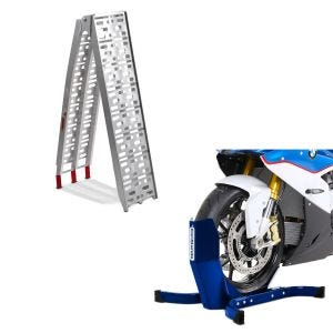 Set: rampe de chargement en Alu max. 340 kg pliable pour scooter quad ATV + Bloque Roue Easy-Plus Bequille Avant à 21 Pouces bleu