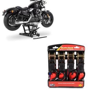 Set: Hebebühne L für Harley und Chopper -680kg + Spanngurt Set mit Ratsche und Haken inkl 4x Zurrschlaufe in rot_1