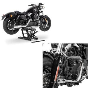 Set: Moto Pont elevateur ciseaux Mid-lift L pour Chopper ConStands 680kg en noir + Pare carter compatible avec Harley Davidson Sportster 2004-2020 Craftride Mustache chrome