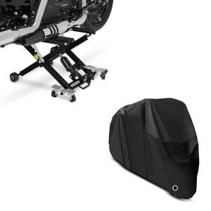 Set: Moto Pont elevateur ciseaux Mid-lift XL Cric hydraulique 500kg en noir + Housse Moto XL Bache moto imperméable en noir