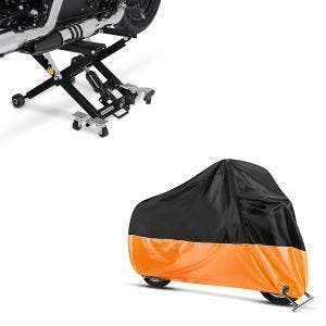 Set: Hebebühne Mid-lift XL Motorradheber bis 500kg in schwarz + Abdeckplane XXXXL Abdeckhaube in schwarz-orange