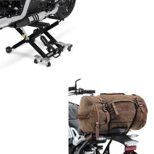 Set: Moto Pont elevateur ciseaux Mid-lift XL Cric hydraulique 500kg en noir + Sacoche de selle Moto arrière Vintage 25L Canvas Sac à dos Rouleau