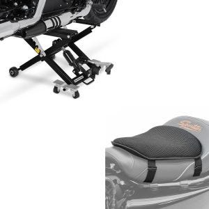 Set: Moto Pont elevateur ciseaux Mid-lift XL Cric hydraulique 500kg en noir + Gel coussin de selle Tourtecs M Universal Coussin confort noir