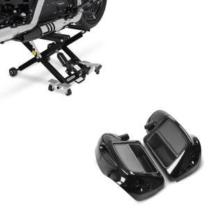 Set: Moto Pont elevateur ciseaux ConStands Mid-lift XL Cric hydraulique 500kg en noir + Carénage des jambes compatible avec Harley Davidson Touring Modeelle 2014-23-24 Craftride avec prise d'air noir
