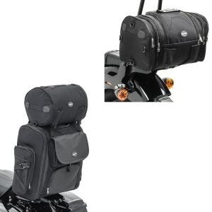 Set: Moto Sissy Bar Sacoche arrière SXL avec Sac Rouleau en noir + Moto Sacoche Arrière RB1 Rouleau 24-30Ltr pour motos custom noir
