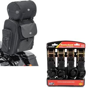 Set: Sissybar Tasche SXL Hecktasche mit Gepäckrolle in schwarz + Spanngurt Set mit Ratsche und Haken inkl 4x Zurrschlaufe in schwarz