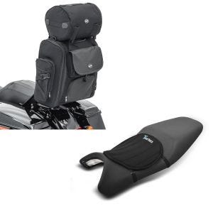 Set: Sissybar Tasche SXL Hecktasche mit Gepäckrolle in schwarz + Gel Sitzkissen Neopren M Gelkissen Sitzauflage in schwarz