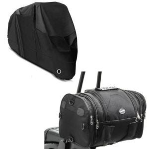 Set: Hecktasche RB1 Gepäckrolle 24-30Ltr passend für Chopper Cruiser + Abdeckplane XL Abdeckhaube in schwarz