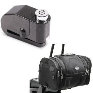 Set: Hecktasche RB1 Gepäckrolle 24-30Ltr passend für Chopper Cruiser + Bremsscheibenschloss Alarm 110dB BS-Motoparts Diebstahlschutz schwarz