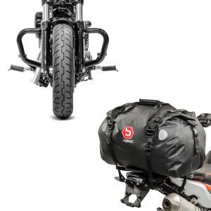 Set: Pare cylindre Mustache compatible avec Harley Davidson Sportster 04-20 pare carter noir Craftride + Sacoche de selle Moto arrière Bagtecs XF60 Dry Bag Etanche Volume 60l