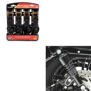 Set: Stoßdämpfer 10,5 Zoll passend für Harley Davidson Sportster 04-20 Federbeine von Craftride schwarz + Motorrad Spanngurt Set ConStands mit Ratsche und Haken inkl 4x Zurrschlaufe in schwarz