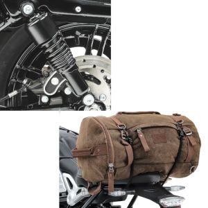 Set: Stoßdämpfer 10,5 Zoll passend für Harley Davidson Sportster 04-20 Federbeine von Craftride schwarz + Motorrad Hecktasche Vintage 25L Canvas Rucksack Gepäckrolle braun Craftride