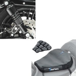 Set: Stoßdämpfer 10,5 Zoll passend für Harley Davidson Sportster 04-20 Federbeine von Craftride schwarz + Motorrad Luftkissen Tourtecs Air Deluxe M Komfort Sitzkissen in schwarz
