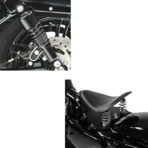 Set: Stoßdämpfer 10,5 Zoll passend für Harley Davidson Sportster 04-20 Federbeine von Craftride schwarz + Motorrad Bobber Solositz Craftride mit Grundplatte in schwarz
