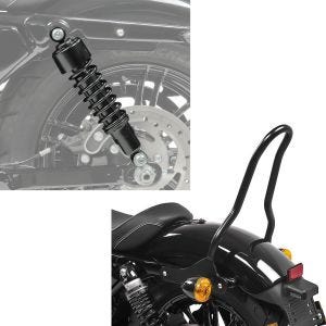 Set: Stoßdämpfer 11,9 Zoll 302mm Federbeine in schwarz + Sissybar für Harley Sportster 04-20 Tampa S schwarz_1