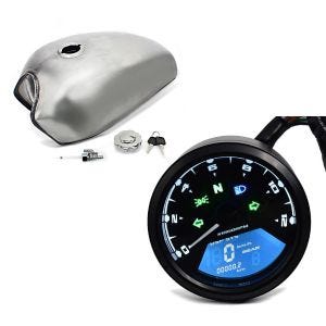 Set: Reservoir Cafe Racer VT3 pour Vintage Scrambler Retro Moto Conversion + Compteur de Vitesse Moto LCD Digital Compte Tours analogue Track TM1