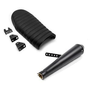Set: Pot d'échappement Cone Silencieux Moto Caferacer universel noir + Selle pour transformation moto en Café-Racer ou Scrambler Flat noir