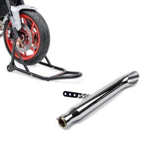 Set: Endschalldämpfer Universal Caferacer Turn Out chrom + Montageständer Vorderrad Motorradständer vorne_1