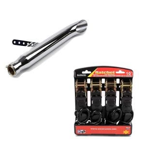 Set: Endschalldämpfer Universal Caferacer Turn Out chrom + Spanngurt Set Ratsche mit 4x Zurrschlaufe schwarz_1