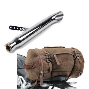 Set: Endschalldämpfer Universal Caferacer Turn Out chrom + Hecktasche Vintage 35L Canvas Rucksack Gepäckrolle braun_1