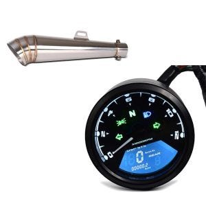Set: Echappement GP-S Silencieux Inox Universel avec DB-Killer Pot Silencieux + Compteur de Vitesse Moto LCD Digital Compte Tours analogue Track TM1