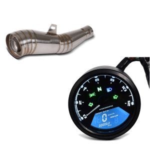 Set: Echappement GP Silencieux Inox Universel avec DB-Killer Pot Silencieux + Compteur de Vitesse Moto LCD Digital Compte Tours analogue Track TM1