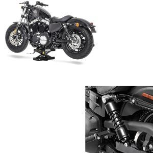Set: Stossdämpfer 11" für Harley Dyna 1991-2017 Tieferlegung + Hebebühne Mini-Lift Scherenheber bis 500kg in schwarz_1