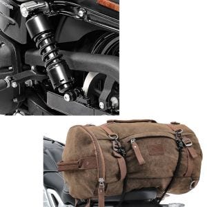 Set: Stossdämpfer 11" passend für Harley Davidson Dyna 1991-2017 Tieferlegung schwarz Craftride + Motorrad Hecktasche Vintage 25L Canvas Rucksack Gepäckrolle braun Craftride