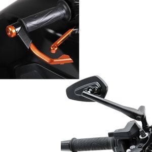 Set: Protections de levier frein et embrayage Aluminium X1 orange + Moto Rétroviseur de guidon CS23 Moto Miroir en noir