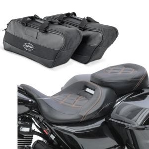 Set: Sitzbank passend für Harley Davidson Touring 09-24 Komfortsitzbank Craftride RH3 schwarz-orange + Seitenkoffer Innentasche passend für Harley Davidson Touring 94-24 Craftride
