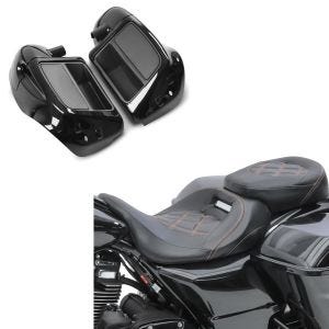 Set: Sitzbank passend für Harley Davidson Touring 09-24 Komfortsitzbank Craftride RH3 schwarz-orange + Beinschild passend für Harley Davidson Touring Modelle 14-24 Craftride belüftet schwarz
