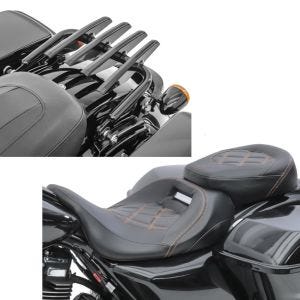 Set: Selle compatible avec Harley Davidson Touring 09-24 Siège Craftride RH3 noir-orange + Porte-bagages compatible avec Harley Davidson Touring 09-24 Craftride détachable en noir