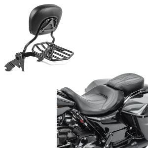 Set: Selle compatible avec Harley Davidson Touring 09-24 Siège Craftride CV noir + Sissy Bar avec porte bagages compatible avec Harley Davidson Modèles 2009-23-24 noir Craftride