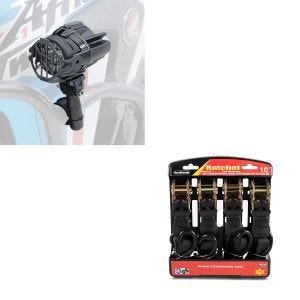 Set: LED Zusatzscheinwerfer mit Sturzbügel Halter und Schutzgitter SX22 + Spanngurt Set mit Ratsche und Haken inkl 4x Zurrschlaufe in schwarz