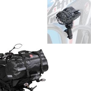 Set: LED Zusatzscheinwerfer mit Sturzbügel Halter und Schutzgitter SX22 + Hecktasche Drybag XB50 Wasserdicht Volumen 50l