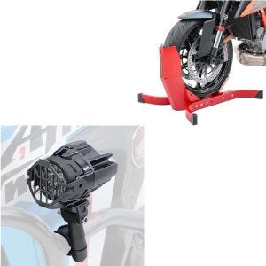 Set: LED Zusatzscheinwerfer mit Sturzbügel Halter und Schutzgitter S22X + Motorradwippe Easy-Plus Motorradständer bis 21 Zoll rot