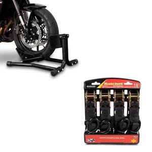 Set: Béquille cale de roue avant Easy noir + Moto Sangle Set avec cliquet et crotchet incl 4x boucles de chargement