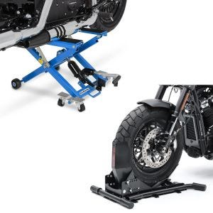 Set: Cale de roue moto Easy Vario Béquille Avant Arière ajustable noir + Moto Pont elevateur ciseaux Mid-lift XL Cric hydraulique 500kg en bleu