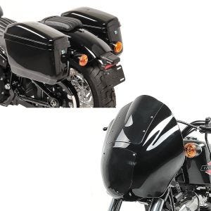 Set: Lampenmaske passend für Harley Davidson Dyna / Sportster  Lichtmaske Craftride Q1 dunkel + Chopper Seitenkoffer (Paar) Craftride Nevada je 20 Liter schwarz