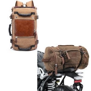 Set: Sacoche de selle Moto arrière Vintage 25L Canvas Sac à dos Rouleau + Sac à dos moto Canvas VG6 Sacoche de selle Vintage 28Ltr Retro marron