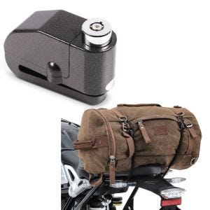 Set: Hecktasche Vintage 25L Canvas Rucksack Gepäckrolle braun + Bremsscheibenschloss Alarm 110dB BS-Motoparts Diebstahlschutz schwarz