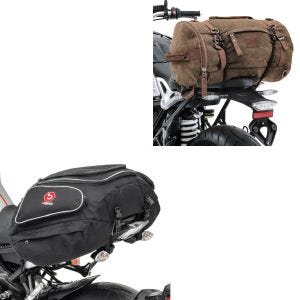 Set: Sacoche de selle Moto arrière Vintage 25L Canvas Sac à dos Rouleau + Moto Sacoche de selle X50 Porte-bagages arrière 50Ltr noir