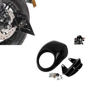 Set: Kennzeichenhalter seitlich S passend für Harley Davidson Sportster 04-20 schwarz Craftride + Scheinwerfer Frontmaske passend für Harley Davidson Dyna -2005/ Sportster 95-20 schwarz Craftride