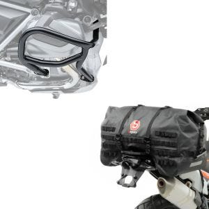 Set: Pare carter compatible avec BMW R 1250 GS 19-23 L2 garde moteur + Moto Sacoche de Selle arrière SX70 70Ltr etanche en noir