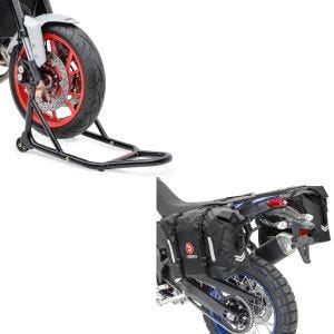 Set: Satteltaschen Wasserdicht WP8 2x30L Rollverschluss Seitentasche + Montageständer Vorderrad mit gummierten Aufnahmen Motorradheber vorne