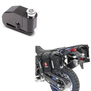 Set: Satteltaschen Wasserdicht WP8 2x30L Rollverschluss Seitentasche + Bremsscheibenschloss Alarm 110dB BS-Motoparts Diebstahlschutz schwarz